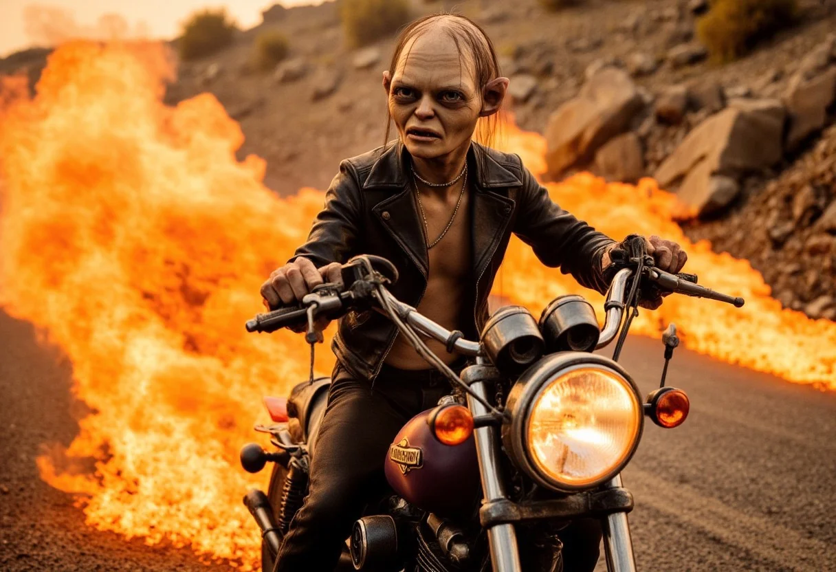 Smeagol, transformed into a total badass, rides a flaming Harley  with roaring flames shooting from the exhaust. He's wearing a black leather jacket and a chain necklace, giving him a swagged-out, rebellious look. 