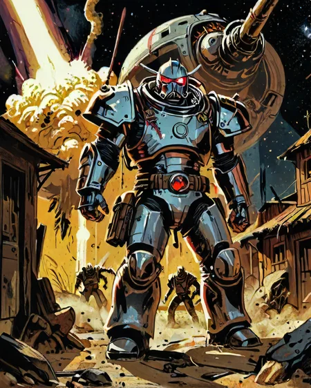 80s action movie set in space, action shot of soldier in power armor fighting off the alien scourge, dust and debris in the foreground, foreshortening, <lora:The_Pulp_Session:0.7> pulp art style <lora:CulturePunkAI_3:0.6>, CattlePunkAI
