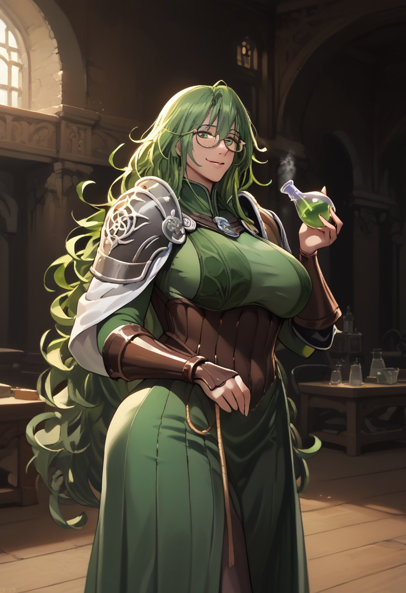 score_9, score_8_up, score_7_up, good_hands, 1girl, mature female, solo, tall, green hair, green eyes, very long hair, large breasts, glasses, alchemist, fantasy, green dress, leather armor, breastplate, faulds, shoulder armor, heavy white cloak, holding potion, smile, seductive smile, indoors, castle, cowboy shot,