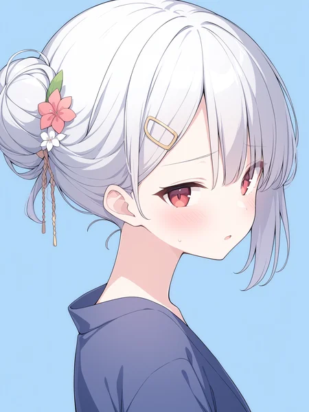 colorful, aesthetic, best quality,masterpiece, break
simple background, blue background,
solo, solo_focus, 1girl, young, thin, standing, upper body, face focus, from side,
blue yukata, break
hair flower, short hair, simple hair bun, half updo, red_eyes, silver_hair, hair_between_eyes, hair_ornament, bangs, eyebrows_visible_through_hair, hairclip, small_breasts,
looking at viewer, shy, blush, (open mouth:0.8),
<lora:character_agv3_SETSUNA:0.8>