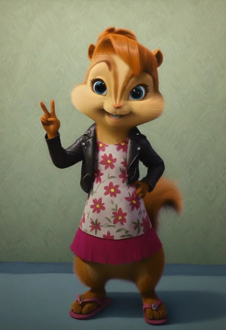 score_9, score_8_up, score_7, score_6, detailed background, indoors , lounge, windows, painted walls, brittany miller, chipmunk, furry, short ears, white floral shirt, black leather jacket, floral mini skirt, sandals, standing, hand on hip, peace sign, looking at viewer, front view, cute smile, 6 inches tall