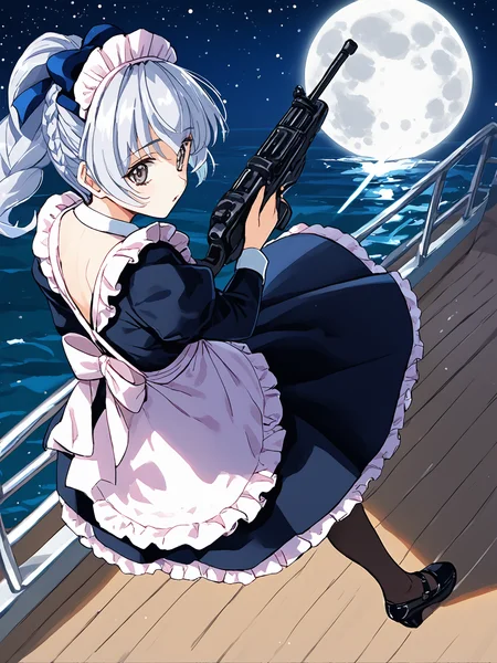 score_9, score_8_up, score_7_up, score_6_up, source_anime, BREAK
1girl, <lora:FMP_Teletha_Testarossa_Pony_v1:1>, (ultra-detailed:1.5), (night time, moon, stars, dark sky:1.5), outdoors, (luxury yacht, standing atop yacht:1.5), ocean, telethamaid, grey hair, hair bow, grey eyes, crown braid, braided ponytail, hair over shoulder, black footwear, (high heels:1.1), (mary janes:1.5), (black dress:1.2), long dress, brown pantyhose, frills, (maid apron:1.5), maid headdress, long sleeves, white bowtie, (holding weapon:1.5), submachine gun, bullpup, p90, (from above:1.2), pov, standing, looking at viewer, parted lips,