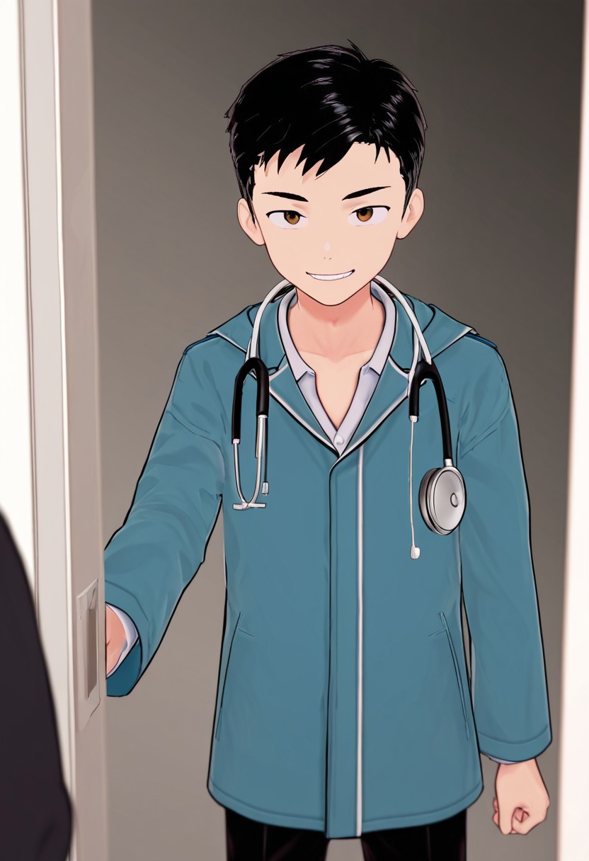 harmard, black hair, short hair, brown eyes, 1boy, solo, solo focus, wearing doctor uniform, black pants, stethoscope hanging on neck, evil smile, young, youthful, young man