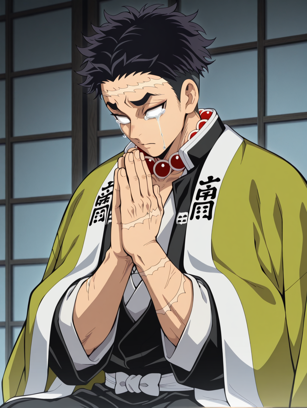 Gyomei Himejima, gyomei himejima, beads, tears, 1boy, praying, short hair, scar on face, own hands together, white eyes, haori, japanese clothes masterpiece, best quality, amazing quality