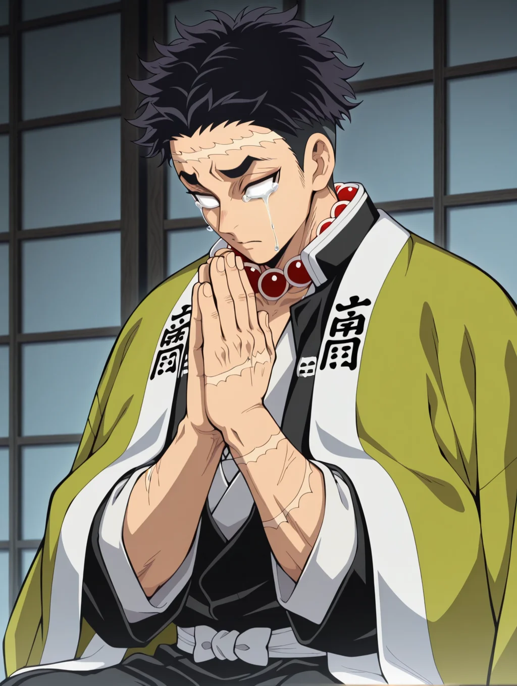 Gyomei Himejima, gyomei himejima, beads, tears, 1boy, praying, short hair, scar on face, own hands together, white eyes, haori, japanese clothes masterpiece, best quality, amazing quality