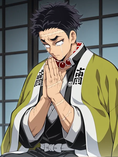 Gyomei Himejima, gyomei himejima, beads, tears, 1boy, praying, short hair, scar on face, own hands together, white eyes, haori, japanese clothes masterpiece, best quality, amazing quality