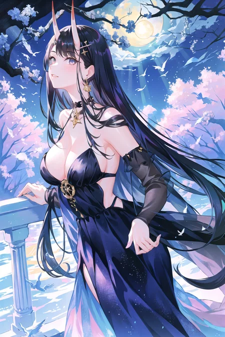 atdan,
1girl, azur lane, bangs, bare shoulders, bare tree, bird, black choker, black dress, black hair, blunt bangs, choker, dress, earrings, full moon, hair ornament, hime cut, horns, jewelry, light rays, long dress, long hair, looking at viewer, moon, moonlight, noshiro \(azur lane\), noshiro \(the gala's sanctuary\) \(azur lane\), oni horns, ruins, sleeveless dress, solo, tree, very long hair, upper body, arms down
, ((masterpiece))
<lora:atdan:0.65>
