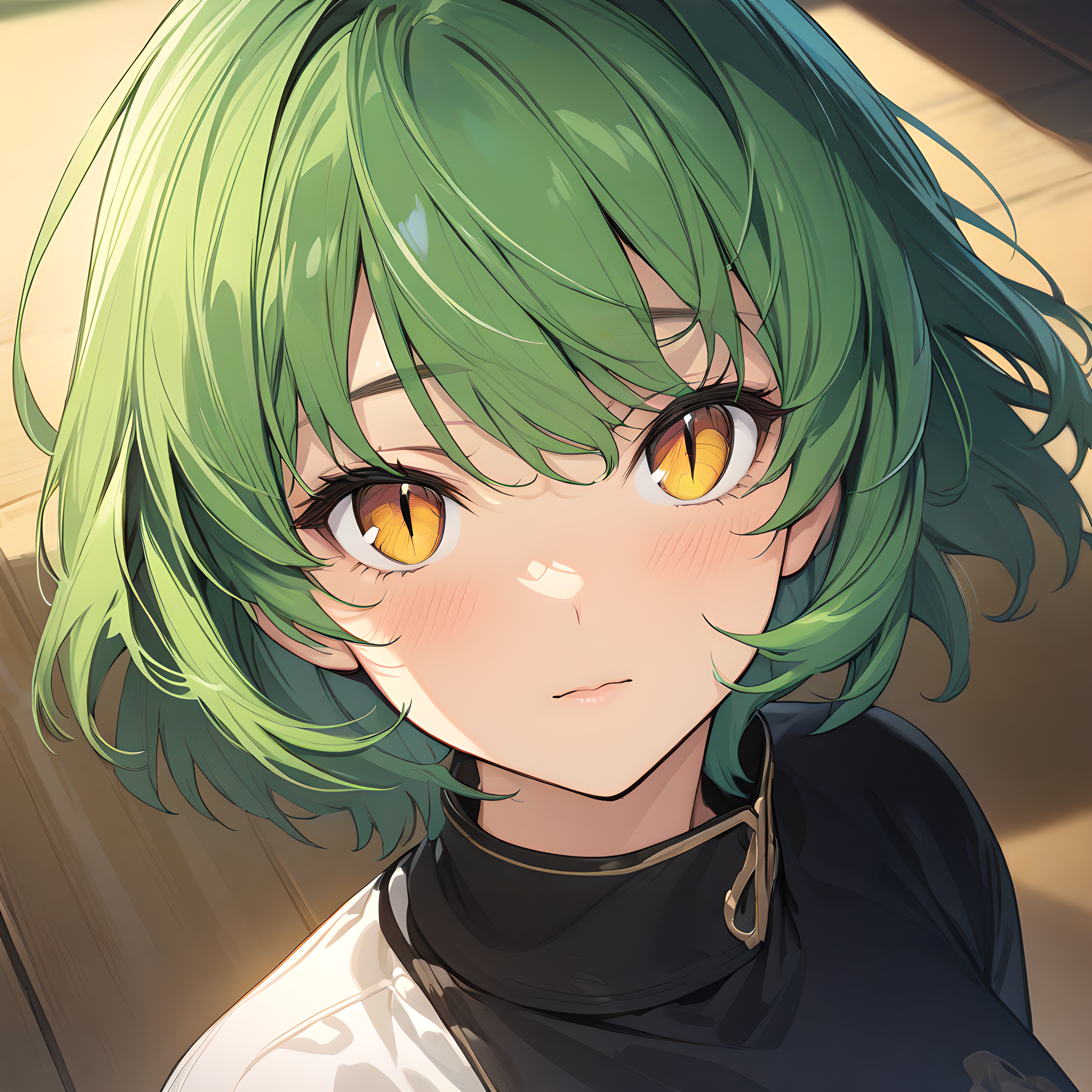 (masterpiece),(best quality),(ultra-detailed),(best illustration),(best shadow),(absurdres),(detailed background),(very aesthetic), hikage(senrankagura), green hair, yellow eyes, short hair, slit pupils, portrait, very close-up, <lora:XL-Hikage:1>