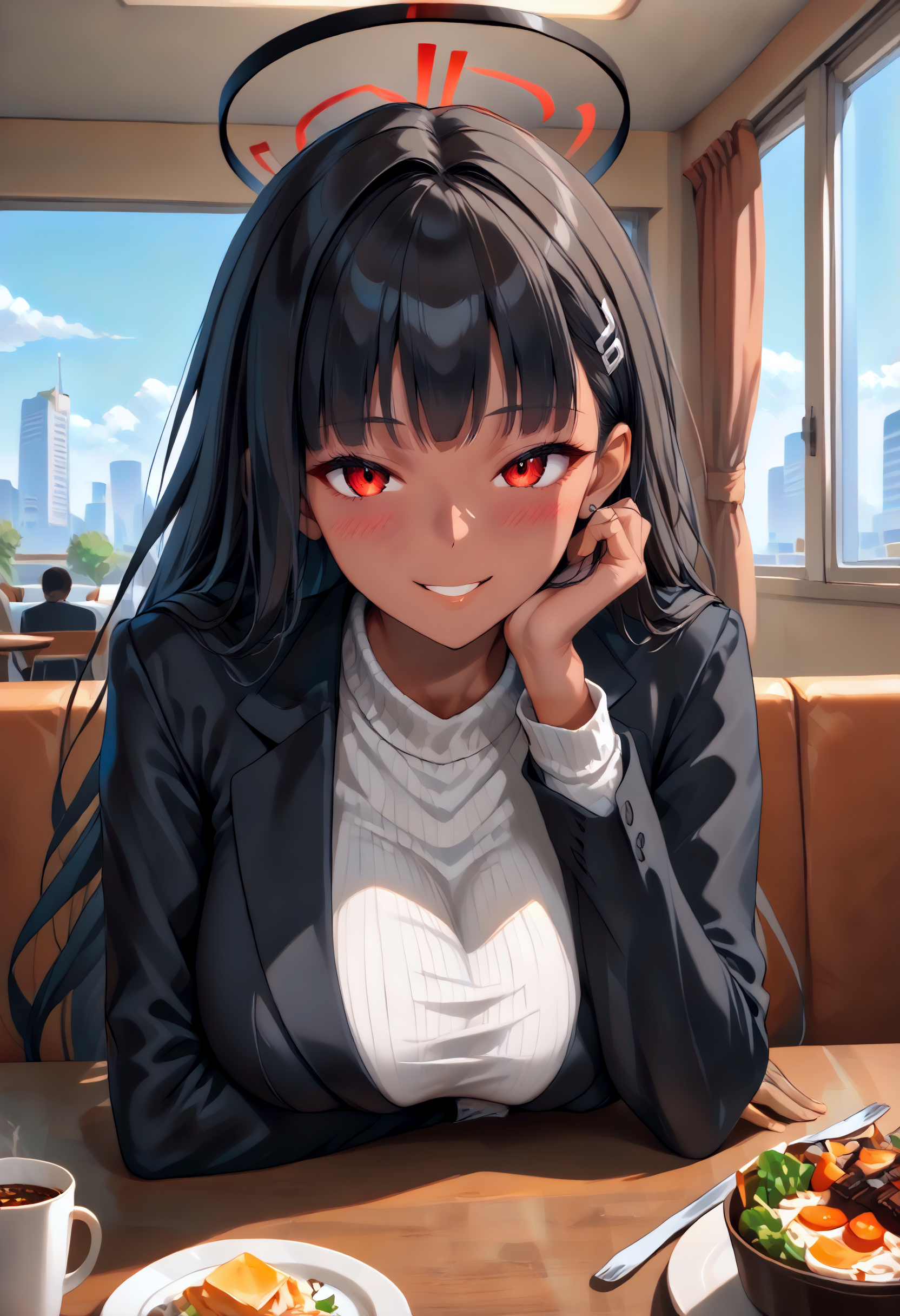Score_9, score_8_up, score_7_up,  source_anime, (anime:1.2),  uncensored, zPDXL3, detailxl, (ffacedetailxl:0.5), neolight, very absurdres, raytracing, glistening shiny, Soft illumination, global illuminations, detailed face, detailed eyes, detailed, pretty face,
BREAK <lora:rio-tsukatsuki-ponyxl-lora-nochekaiser:1> rio, 30yo female, (black hair:1.1), red eyes, hair ornament, hairclip, halo, long hair, huge breasts, hanging breasts, mature female, black footwear, black jacket, black pantyhose, black skirt, buttoned cuffs, high heels, jacket, long sleeves, office lady, pantyhose, ribbed sweater, skirt, sweater, thigh stra,
10::(dark-skinned female:1.6),(tan lines:1.2),
BREAK  <lora:pov-across-table-ponyxl-lora-nochekaiser:0.8> (pov across table, pov dating, restaurant, table, meal, care, cup, head rest, smile, elbow on table, food, elbow rest:1.2), (shy:1.5),(full-face blush,blush:1.1),Cute moaning, (covered nipples:1), (erect nipples under clothing:1),
<lora:hand 5.5:1> <lora:pubic hair_pony_V1.0:0.5> <lora:vivid_everclear:0.3> <lora:light:0.3> <lora:3Danimation_Disney_1.0:0.6> <lora:Fant5yP0ny:0.3> <lora:HDA_Detailer:0.5> <lora:colorful_sdxl_v2_lbw:1>