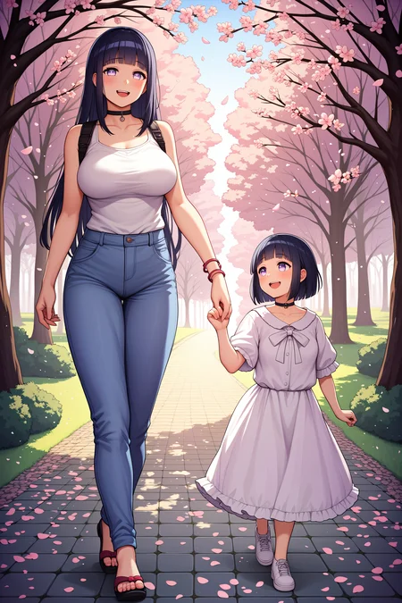 score_9, score_8_up, score_7_up, score_6_up, score_9, score_8_up, score_7_up, score_6_up, source_anime, (hyuuga_hinata), 2girls, petals, cherry_blossoms, pants, smile, long_hair, tree, jewelry, bangs, dress, casual, open_mouth, talking, happy, outdoors, breasts, white_dress, standing, walking, shoes, ribbon, blush, collarbone, large_breasts, black_choker, spring_(season), bare_shoulders