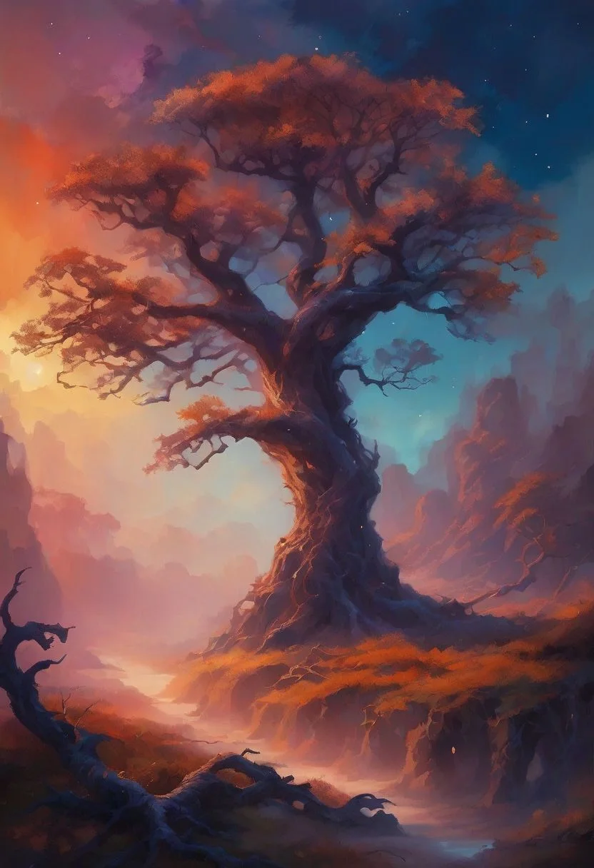 A breathtaking landscape shrouded in an ethereal twilight, as if the last vestiges of daylight refuse to fully abandon the realm. Ancient, gnarled trees stretch their crooked limbs towards a sky that slowly fades into a deep indigo, their branches adorned with peculiar glowing fungi that seem to emanate an otherworldly light. A full moon, huge and orange-hued, hangs low in the distance, casting a silvery glow over the surrounding terrain. The ground beneath is carpeted with lush, vibrant vegetation that appears to pulse with an inner energy, its leaves and petals shimmering with a soft, iridescent glow. masterpiece