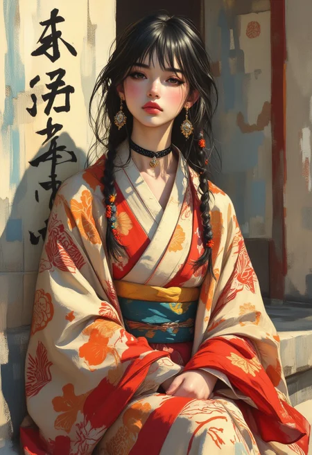 OBxiaoxiang, inksplash portrait of stunning oriental princess stting outside shinto shrine, long hair, sidelocks, bangs, hair ribbon, earrings, necklace, choker, red and gold kimono, direct gaze, light hitting one side of face, gradient colour background, Japanese kanji