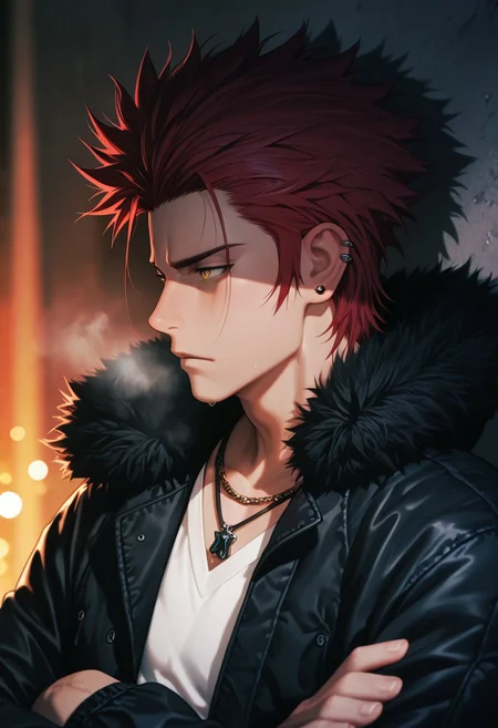 masterpiece, best quality, amazing quality, absurdres, newest, detailed background, definition so sharp, Ultra-HD, 8K cinematic, very awa, impressionate, amazing quality, highres,
solo, male focus, manly, shadow, shiny skin, bokeh, warm light, light particle,
1boy, spiked hair, short hair, mikoto_red hair, mikoto_yellow eyes, mikotosuoh, black jacket, fur trim, v-neck, white shirt, necklace, ear piercing, crossed arms, calm face, profile, heavy breath, night