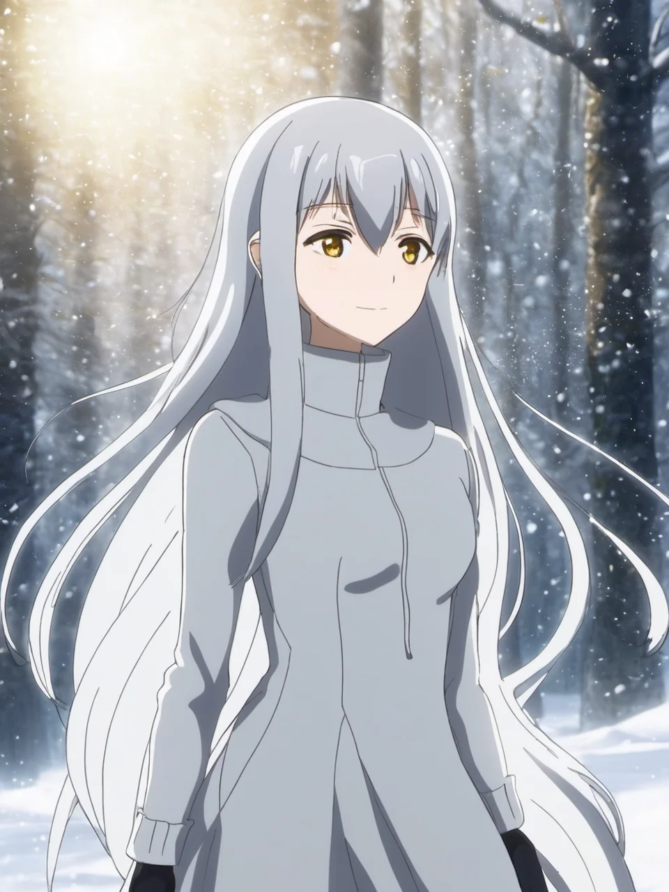 <lora:Kyuono-Heewon-V1.1:0.7>, a photo of anime girl Kyuono Heewon in a white dress standing in the snow, detailed yellow eyes with black pupil, complex background, dystopia, ((full body)), wearing a white kurta dress with serious looking, 8k, uhd, (masterpiece, best quality, ultra-detailed, best shadow),long straight silver hair, (detailed background,dark fantasy), depth of field,black light particles, dress, symbol-shaped_pupils, smiling, dressed in a gray, epic background, in the woods, outdoor