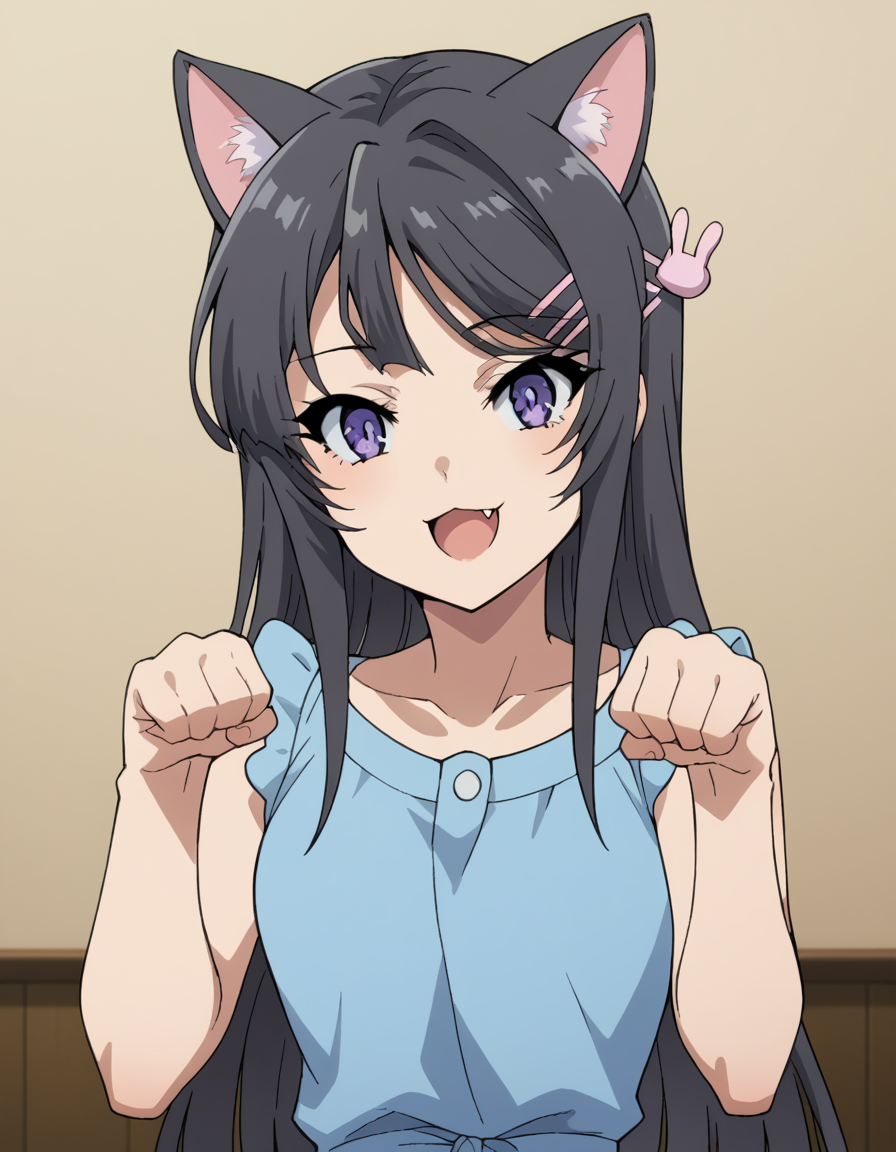 score_9, score_8_up, score_7_up, source_anime, maisakurajima, <lora:mai-sakurajima-s1-ponyxl-lora-nochekaiser:1> mai sakurajima, long hair, bangs, black hair, hair ornament, purple eyes, hairclip, rabbit hair ornament,, <lora:paw-pose-ponyxl-lora-nochekaiser:1>, paw pose, cat ears, cat tail, animal ears, tail, cat girl, open mouth, fang, whiskers,, indoors, smile,, cowboy shot, dutch angle, looking at viewer,