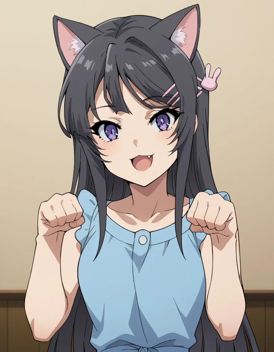 score_9, score_8_up, score_7_up, source_anime, maisakurajima, <lora:mai-sakurajima-s1-ponyxl-lora-nochekaiser:1> mai sakurajima, long hair, bangs, black hair, hair ornament, purple eyes, hairclip, rabbit hair ornament,, <lora:paw-pose-ponyxl-lora-nochekaiser:1>, paw pose, cat ears, cat tail, animal ears, tail, cat girl, open mouth, fang, whiskers,, indoors, smile,, cowboy shot, dutch angle, looking at viewer,