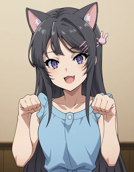 score_9, score_8_up, score_7_up, source_anime, maisakurajima, <lora:mai-sakurajima-s1-ponyxl-lora-nochekaiser:1> mai sakurajima, long hair, bangs, black hair, hair ornament, purple eyes, hairclip, rabbit hair ornament,, <lora:paw-pose-ponyxl-lora-nochekaiser:1>, paw pose, cat ears, cat tail, animal ears, tail, cat girl, open mouth, fang, whiskers,, indoors, smile,, cowboy shot, dutch angle, looking at viewer,