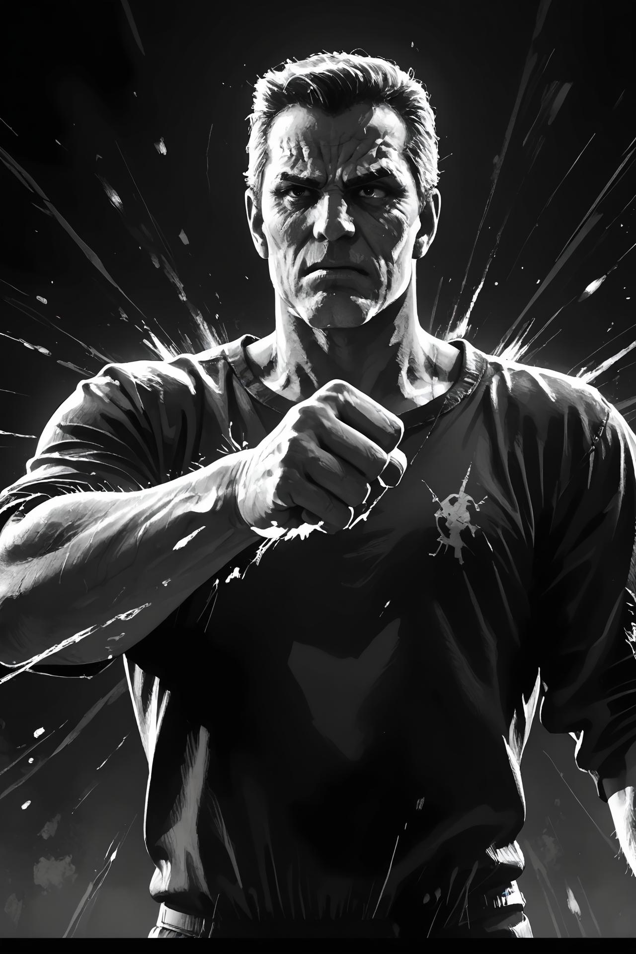 score_9, score_8_up, score_7_up,
scmarv, man, gritty, dark, backlight, upper body, monochrome, punching, fist, 
abstract, masterpiece, best quality  <lora:Marv-SinCity:0.6>