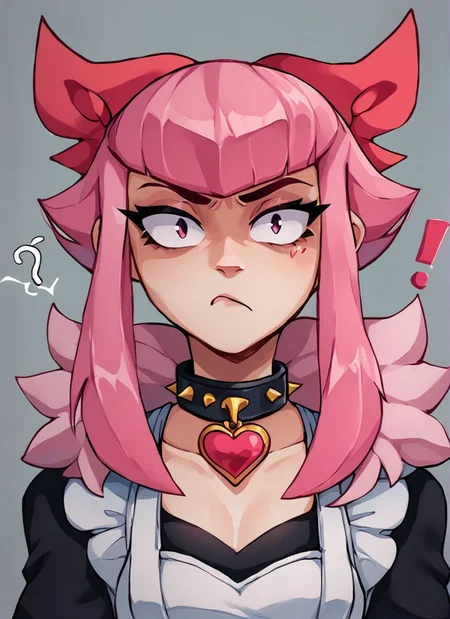 score_9, score_8_up, score_7_up, <lora:bsmelodie:1> bsmelodie , fur trim , 1girl, solo , pink hair, hair bow ,black collar ,neck heart , maid dress , maid , waitress, confused face , looking at viewer,