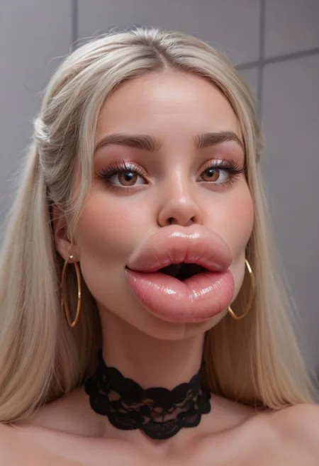 score_9, score_8_up, score_7_up, realistic, award winning photograph, high resolution, high detail, realistic shadows, (extremely long platinum blonde hair), lace choker, black choker, earrings, eyeshadow, eyeliner, brown eyes, heavy blush, lip gloss, enormous bimbo filler lips, large lips, huge lips:1.8, enormous lips:1.8, gigantic lips:1.8, full lips:1.8, filler lips, bimbo lips, hyper lips, enormous fake plastic lips, bursting lips, overfilled lips, filled lips, puffy lips, inflated lips, facing viewer with puckered Lips