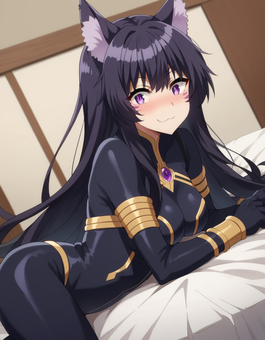 score_9, score_8_up, score_7_up, source_anime,
shadowdelta, <lora:shadow-delta-ponyxl-lora-nochekaiser:1>,
delta, long hair, black hair, animal ears, purple eyes, cat ears, animal ear fluff, facial mark, smile,
bodysuit, black bodysuit,
indoors, bed, bed room, on side, blush, drunk,
looking at viewer, cowboy shot, dutch angle,