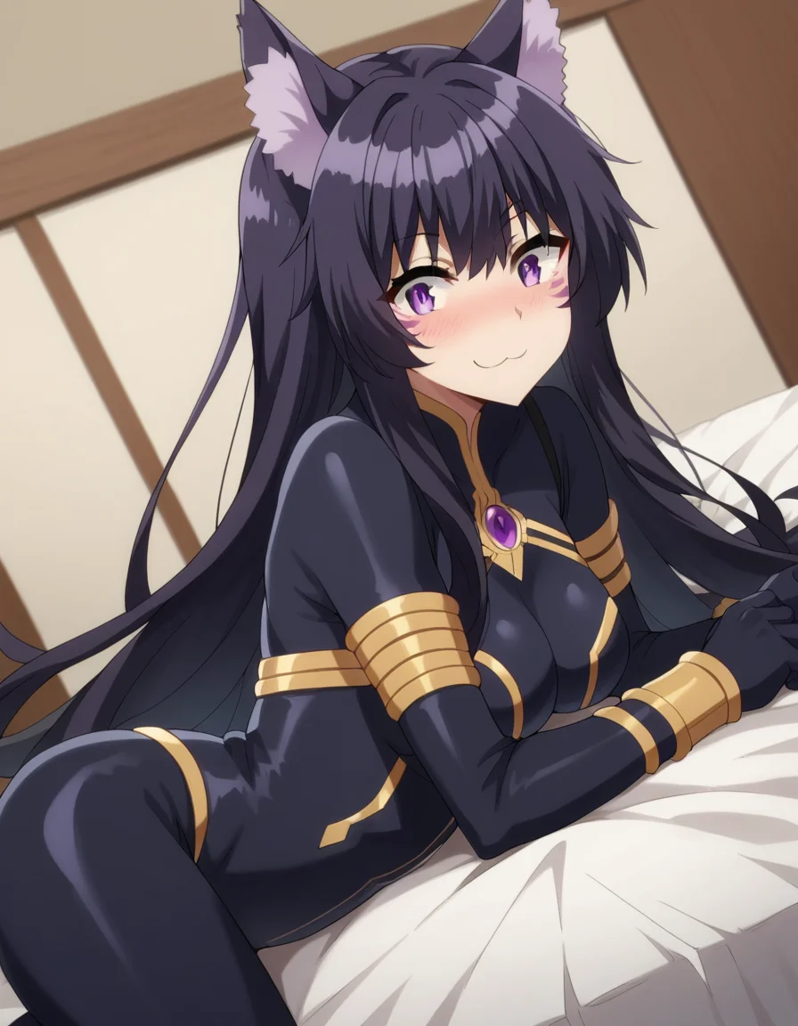 score_9, score_8_up, score_7_up, source_anime,
shadowdelta, <lora:shadow-delta-ponyxl-lora-nochekaiser:1>,
delta, long hair, black hair, animal ears, purple eyes, cat ears, animal ear fluff, facial mark, smile,
bodysuit, black bodysuit,
indoors, bed, bed room, on side, blush, drunk,
looking at viewer, cowboy shot, dutch angle,