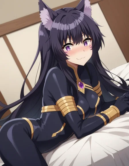 score_9, score_8_up, score_7_up, source_anime,
shadowdelta, <lora:shadow-delta-ponyxl-lora-nochekaiser:1>,
delta, long hair, black hair, animal ears, purple eyes, cat ears, animal ear fluff, facial mark, smile,
bodysuit, black bodysuit,
indoors, bed, bed room, on side, blush, drunk,
looking at viewer, cowboy shot, dutch angle,
