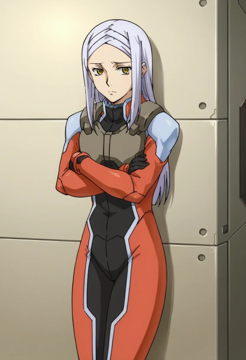 score_9,score_8_up,score_7_up,score_6_up,score_5_up,score_4_up,anime coloring BREAK source_anime,anime,<lora:Soma_Peries_Gundam_00_Pony:0.8>,somas2,1girl,solo,yellow eyes,white hair,long hair,braided bangs,cb pilot suit,sad,standing,crossed_arms,against wall,factory,dock,looking_at_viewer,