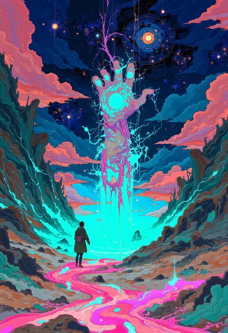 A surreal cosmic landscape featuring a glowing, ethereal catpaw suspended in the starry night sky. The catpaw appears to be melting, with vibrant, magenta and turquoise liquid energy swirling around it. The environment is otherworldly, with jagged glowing lime green crystals and shadowy mountains framing the scene. The sky is alive with stars and nebulas blending hues of deep indigo, purple, and magenta. Clouds tinted with warm bordeaux and crimson contrast the cool tones, adding depth. The flowing liquid radiates a mesmerizing luminescence, creating intricate ripples and light reflections across the ground. The atmosphere feels mystical and infinite, a fusion of cosmic power and ethereal beauty,DB4RZ, DB4RZ style painting