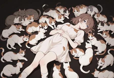 solo, ethereal,
laying on back, surrounded by cats,
1girl, blue eyes, short brown hair, calico cat dress, calico cat socks,
masterpiece, best quality, newest, absurdres, highres,