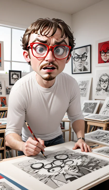 <lora:Everly Heights Comics:1> a white BillMeeks man in red glasses draws a comic book in his art studio, cinematic composition.