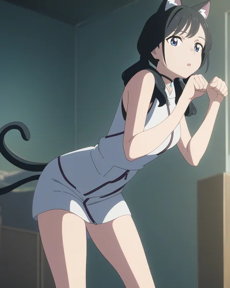 best quality,masterpiece,highres,absurdres,1girl,solo,newest,rating: general, <lora:Paw_pose_XL:0.7> ,(paw pose,standing),cat ears,tail, <lora:Amano_Hina_XL:0.75> ,(hina_xl, twintails, blue eyes, low twintails, hood, black choker, sleeveless, anime coloring),leaning forward,from side