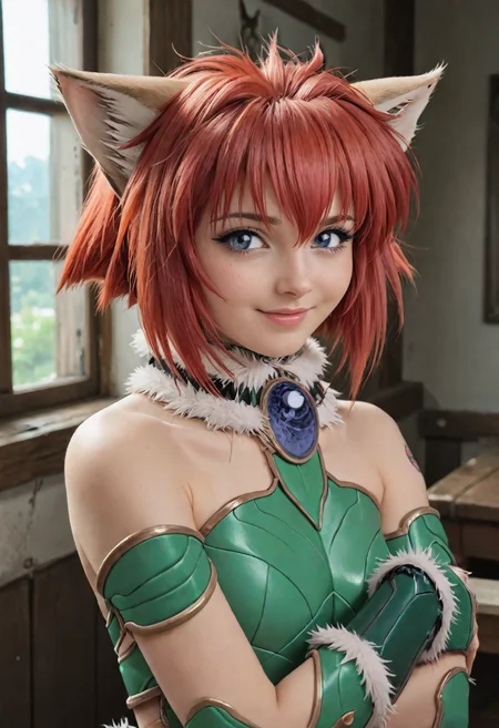 marinbravesoul, 1girl, upper body portrait, cute warm smile, solo, blue eyes, cat ears, red hair, green armor, fur chocker, looking at viewer, indoor, (bare shoulders:1.1), <lora:MarinBraveSoulPonyV3_B1_Warm:0.95>, score_9, score_8_up, score_7_up,