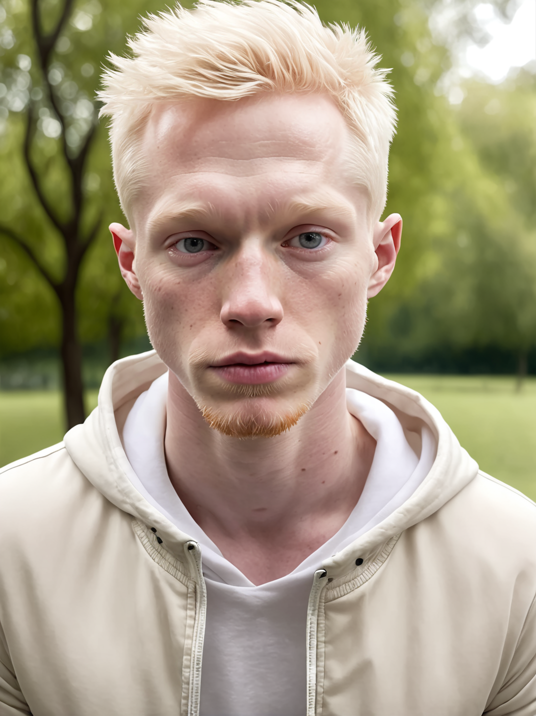 professional photograph, high resolution, 30yo drewsynthxl, portrait, solo, realistic, expressionless, albino,
face focus, from below,
in the park, overcast