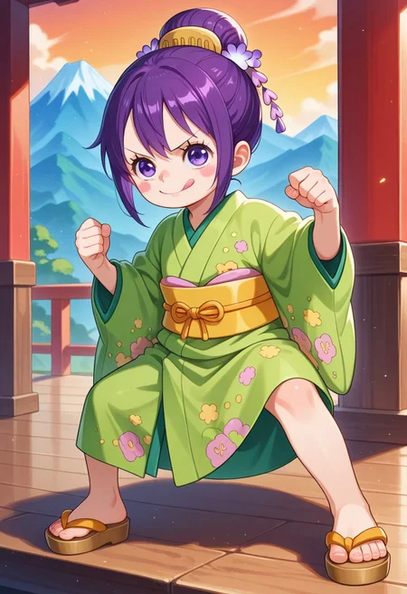 ultra-detailed, ultra-detailed background, ultra-detailed eyes, detailed limb, hair between eyes, outdoors, mountain, 1girl, <lora:Tama_Kurozumi_-_One_Piece__Illustrious:0.8>, child, purple hair, shimada hairstyle, hair bun, purple eyes, eyelashes, one piece wano style, hair ornaments, pink cheeks, green kimono, yellow sash, patched kimono, japanese sandals, loose clothes, fighting stance, detailed toes, v-shaped eyebrows, looking at viewer, licking lips, clenched hands, <lora:hand 5.5_903007:0.1>, well-defined fingers, ultra-detailed fingers, <lora:illustriousXL_stabilizer_v1.7_1135253:0.1>, <lora:spo_sdxl_10ep_4k-data_lora_webui_482964:1>, <lora:Hyper-SDXL-8steps-lora:0.5>, general, masterpiece, best quality, amazing quality, very aesthetic, absurdres,