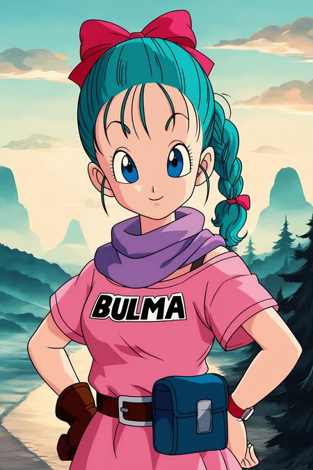 source_anime, score_9, score_8_up, score_7_up, anime screencap, absurd res,
bulma, dragon ball \(classic\), teenage, og outfit, official style, 1girl, eyebrows, solo, looking at viewer, cloud, blue eyes, hair bow, aqua hair, hair ribbon, braid, bra strap, mountainous horizon, scarf, :o, character name, english text, single braid, pink dress, clothes writing, braided ponytail, purple scarf, upper body, eyelashes, print dress, single glove, brown gloves, wristwatch, hands on hips, outdoors, sky, fanny pack, belt, fog, dappled sunlight,
<lora:DB_Bulma_v2-000046:0.8>
