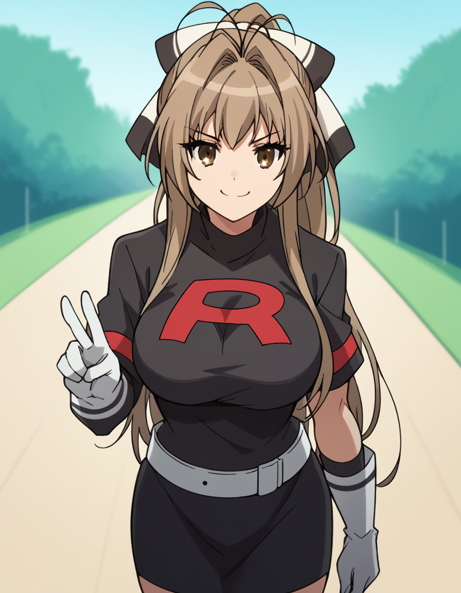 score_9, score_8_up, score_7_up, source_anime, <lora:isuzu-sento-s1-ponyxl-lora-nochekaiser:1>, isuzu sento, long hair, brown hair, bow, brown eyes, ponytail, hair intakes, antenna hair, large breasts, <lora:team-rocket-uniform-ponyxl-lora-nochekaiser:1>, team rocket uniform, black hat, black shirt, black skirt, white belt, white gloves, single letter,, smile, smug, v, outdoors,, cowboy shot, dutch angle, looking at viewer,