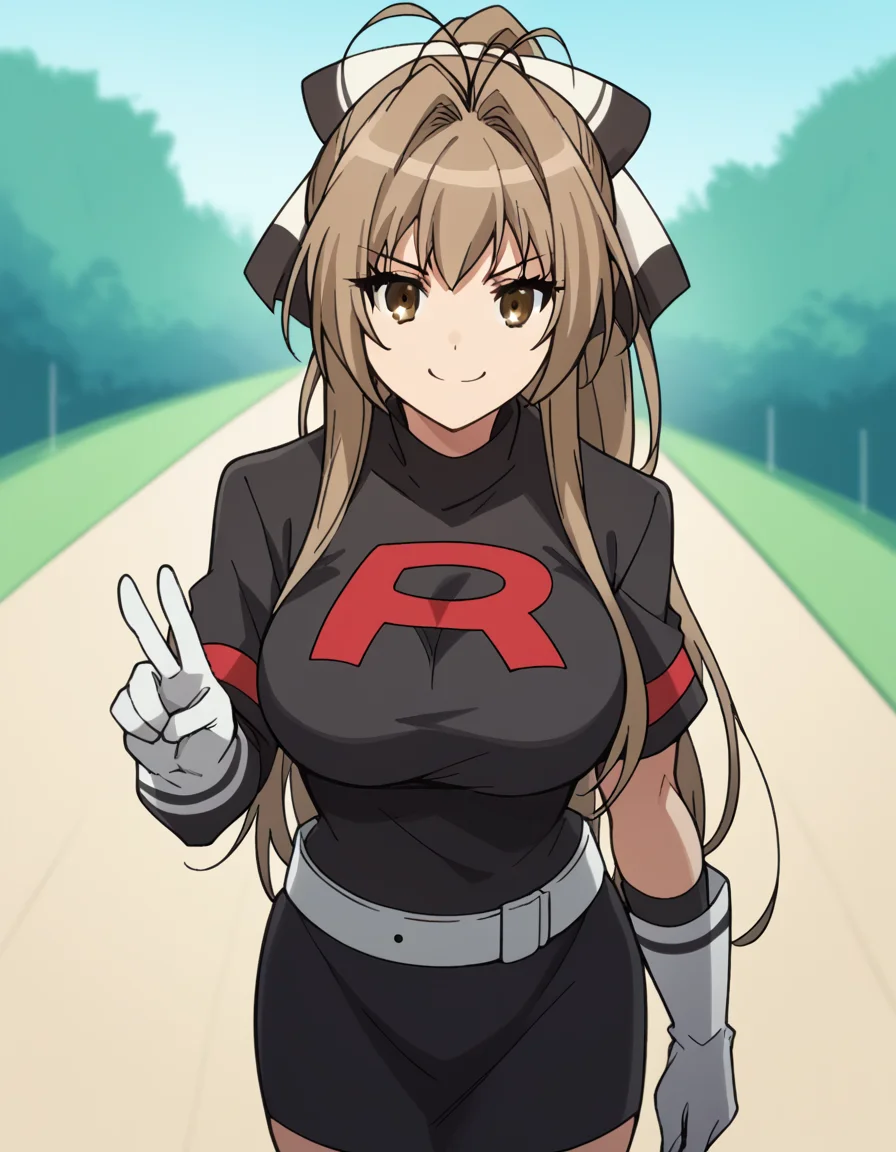 score_9, score_8_up, score_7_up, source_anime, <lora:isuzu-sento-s1-ponyxl-lora-nochekaiser:1>, isuzu sento, long hair, brown hair, bow, brown eyes, ponytail, hair intakes, antenna hair, large breasts, <lora:team-rocket-uniform-ponyxl-lora-nochekaiser:1>, team rocket uniform, black hat, black shirt, black skirt, white belt, white gloves, single letter,, smile, smug, v, outdoors,, cowboy shot, dutch angle, looking at viewer,