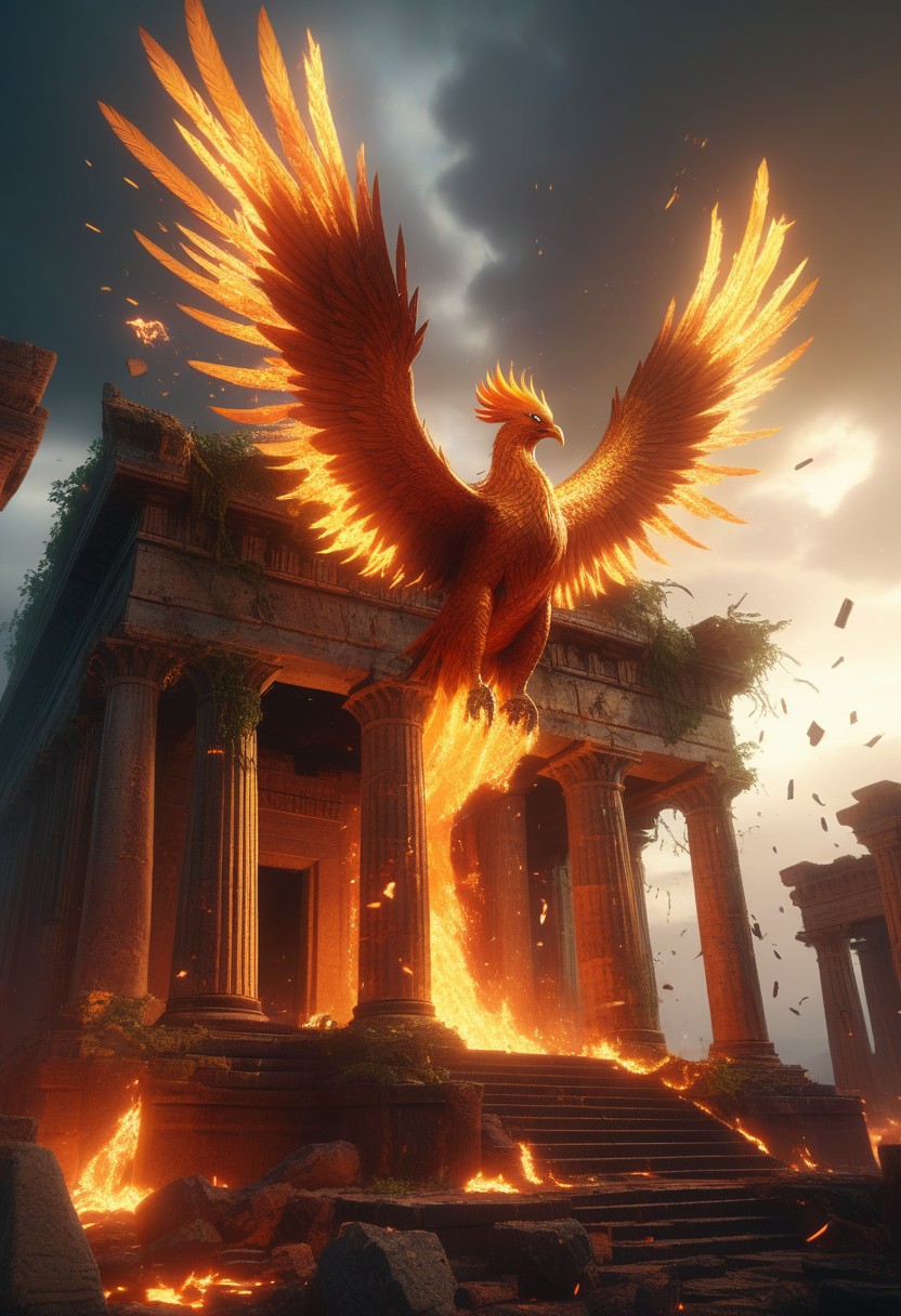 Epic fantasy scene, a colossal phoenix bursting into flames and rebirth above an ancient ruined temple, glowing embers and golden light illuminating the stormy sky, intricate feathers with fiery details, dramatic volumetric lighting, highly detailed environment with shattered pillars and overgrown vines, cinematic composition, unreal engine 5 style, 8k, HDR, vibrant colors, dynamic perspective, by Greg Rutkowski and Artgerm