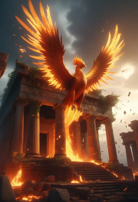 Epic fantasy scene, a colossal phoenix bursting into flames and rebirth above an ancient ruined temple, glowing embers and golden light illuminating the stormy sky, intricate feathers with fiery details, dramatic volumetric lighting, highly detailed environment with shattered pillars and overgrown vines, cinematic composition, unreal engine 5 style, 8k, HDR, vibrant colors, dynamic perspective, by Greg Rutkowski and Artgerm