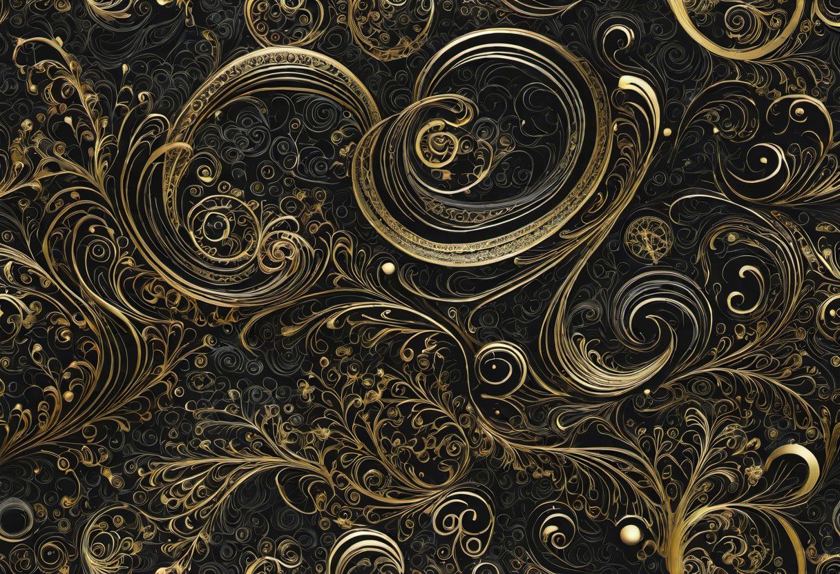 detailed 2D white+gold doodles on black background, crisp edges, merged with a 3D rendition of gassy or bubbly soft-edged shapes in many colors,