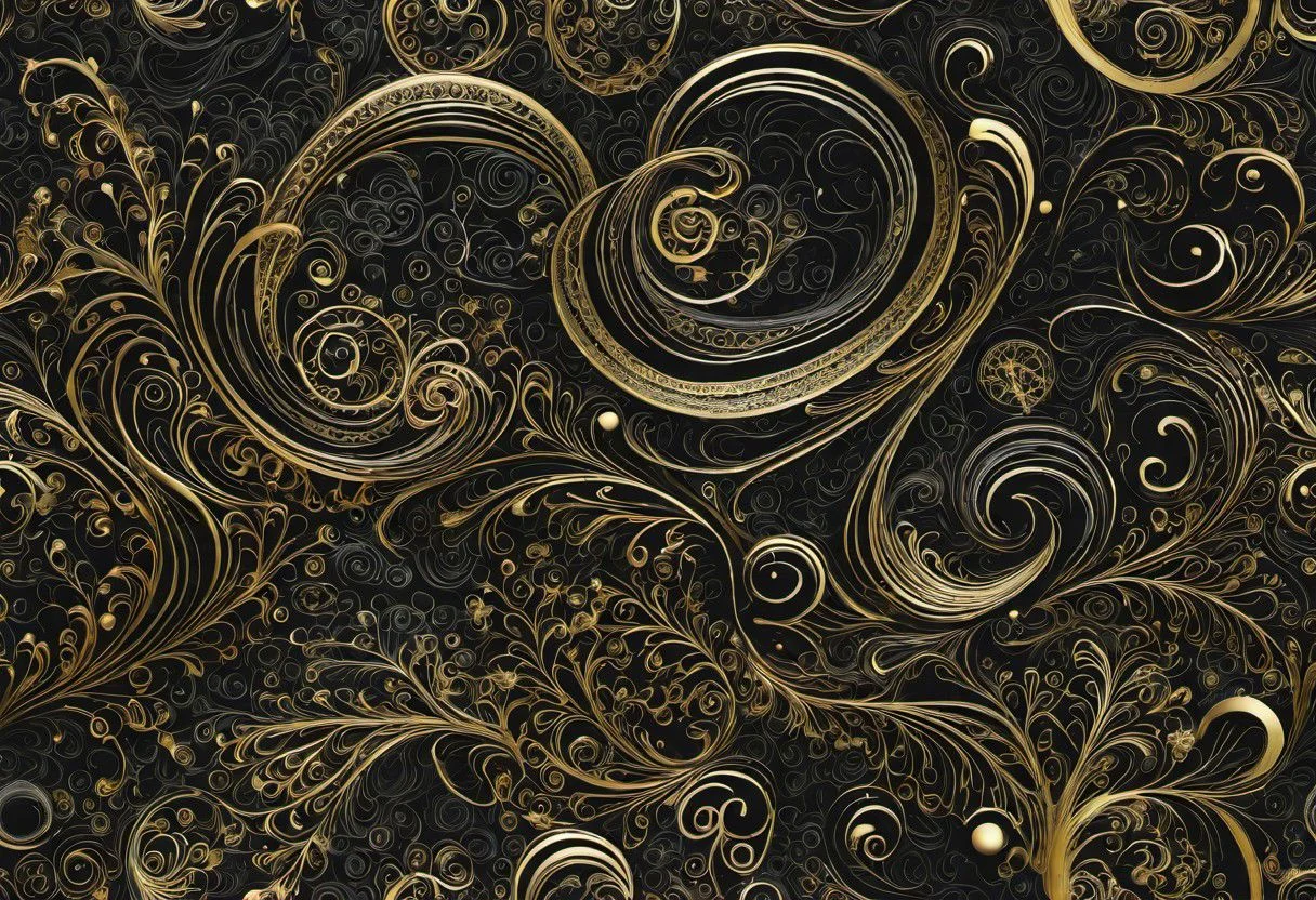 detailed 2D white+gold doodles on black background, crisp edges, merged with a 3D rendition of gassy or bubbly soft-edged shapes in many colors,
