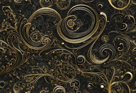 detailed 2D white+gold doodles on black background, crisp edges, merged with a 3D rendition of gassy or bubbly soft-edged shapes in many colors,