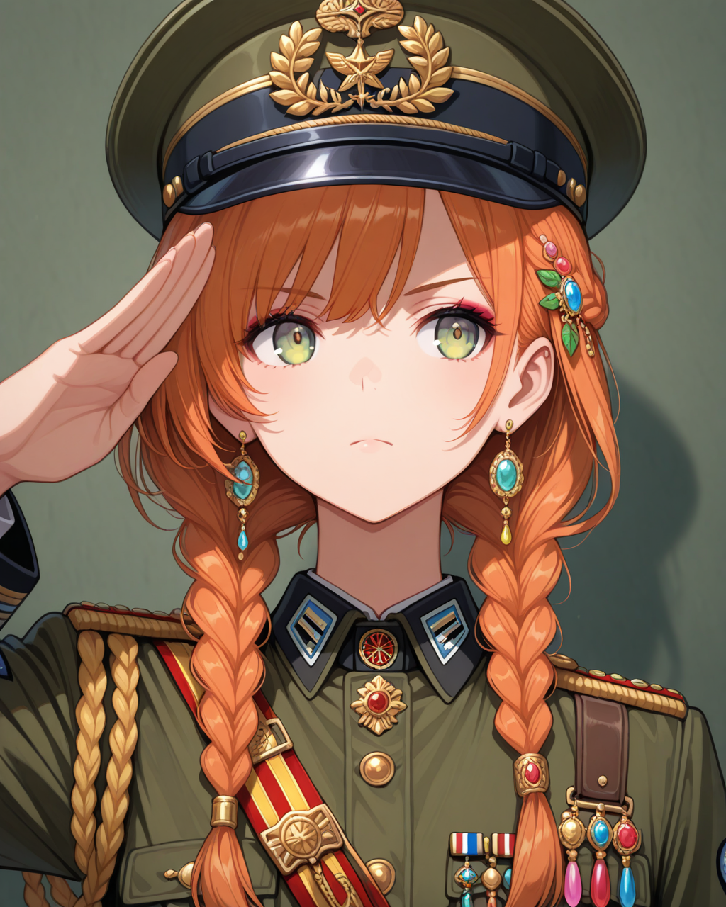 masterpiece,best quality,highres illustration,detailed face,1girl,upper body,<lora:overacc_IL:1>,accessories,military uniform,orange hair,braid,salute,military hat, serious, looking away