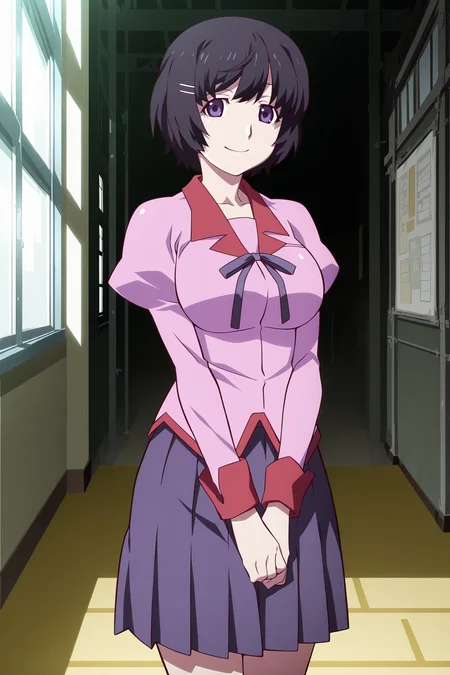 anime screencap, anime coloring, detailed face, masterpiece, best quality, very aesthetic, absurdres, volumetric lighting, official style, amazing quality, ultra detailed, highres, amazing quality, scenery, beautiful detailed hair, beautiful detailed eyes,
<lora:StS-Illustrious-Detail-Slider-v1.0:4>
<lora:Tsubasa_Hanekawa_and_Black_Hanekawa_Monogatari_Series:1>
indoors,
Tsubasa pink uniform (outfit), 1girl, solo, naoetsu high school uniform, school uniform, hanekawa tsubasa, short hair, purple eyes, black hair, skirt, pink shirt, parody, smile, closed mouth, outdoors, long sleeves, cowboy shot, large breasts,