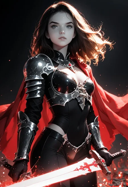 masterpiece, best quality, highres, realistic, best quality,
score_9, score_8_up, score_7_up,
BREAK,
1 girl, (wearing leather armour:1.2), knight, ((holding long sword:1.4)),
BREAK,
1 girl, castle, battlefield, ((wearing leather armour, warrior princess, stand with a sword, fighting pose, ripped leather)), 19 years old, long hair, windswept cape, brown wavy hair, middle breasts, slim waist, curvy body, cute, (long sword, small breasts), close-up, amazing, very aesthetic, pretty girl, determined,
BREAK,
(boob focus, head and shoulder photography:1.1), (portrait photography:0.7), dark background, dark light, shallow depth of field, photographed on a Sony a9 II, 50mm wide angle lens, sharp focus, photo in phst artstyle, boris vallejo inspired, backlit, (((selective color red, colorvsgrey, monochrome photography, red cape, selectiveColorStyle))), (1colorpop, dramatic lighting), horror theme, freckles, mole, dirty skin,