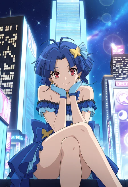 masterpiece,best quality,amazing quality,
solo,
Am Chouno (Cardfight Vanguard), short hair, blue hair, antenna hair, red eyes,
frilled dress, hair ornament, earrings, dress, idol, off-shoulder dress, bare shoulders, hair ornament, choker, blue gloves, fingerless gloves, blue bow,
looking at viewer, smile, cheeks leaning on arm,
cinematic, crossing legs,
Outdoors, night, On top skyscraper, sci-fi city, (galaxy sky:1.2),
Lens flare, bloom, detailed shadow,
Official style, anime screencap, anime coloring,