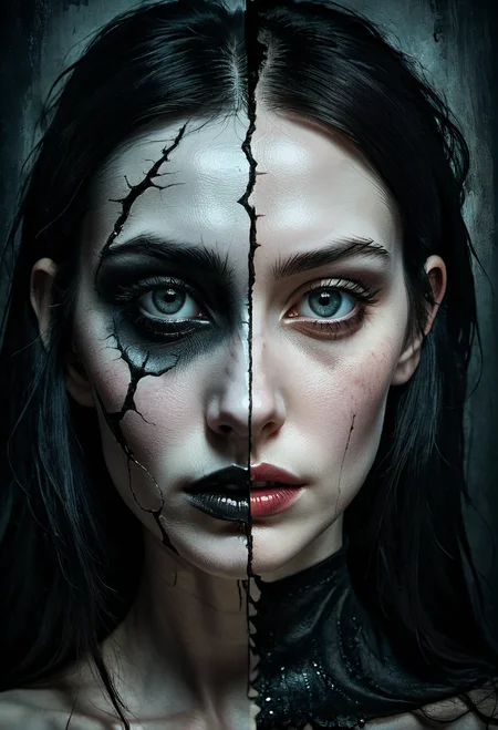 imaginative dark gothic fantasy concept art,bleak,vibrant immersive woman's face split in half,left side is pale skin brightly lit,right side is dark, Hyperrealistic art cinematic film still photography in the style of detailed hyperrealism photoshoot