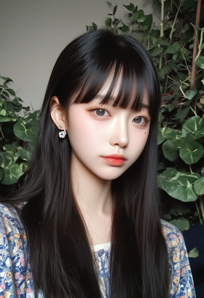 score_9, score_8_up, score_7_up, score_6_up, krgrl, korean girl, cute korean girl, photo, grainy, amateur, lowres, 2000s nostalgia, webcam photo, flash, 1girl, solo, black hair, looking at viewer, mole under eye, jewelry, earrings, bangs, mole, blunt bangs, long hair, plant, closed mouth, upper body, grey eyes