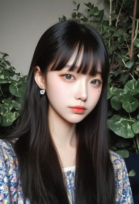 score_9, score_8_up, score_7_up, score_6_up, krgrl, korean girl, cute korean girl, photo, grainy, amateur, lowres, 2000s nostalgia, webcam photo, flash, 1girl, solo, black hair, looking at viewer, mole under eye, jewelry, earrings, bangs, mole, blunt bangs, long hair, plant, closed mouth, upper body, grey eyes
